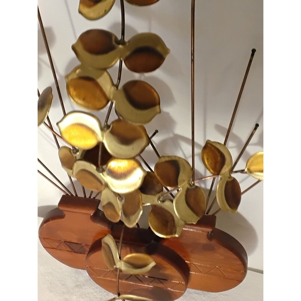 Vintage HOMCO Retro Brass Eucalyptus Leaves Sculpture Hopi Wood Planter